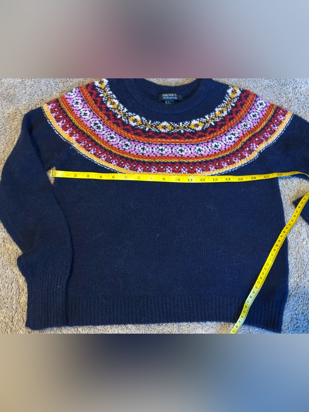 Forever 21 Navy Crewneck Sweater with Multicolor Fair Isle Yoke Women’s Small - Picture 6 of 6